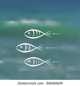 Vector illustration of blurred background for design. Sea wave. Sea water. Sea surface. Three fishes. Sea mesh background. Nature mesh background. Template for poster.