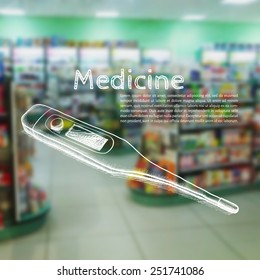 vector illustration. Blurred background photo pharmacies, and sketch an electronic thermometer