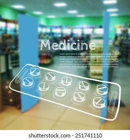vector illustration. Blurred background photo pharmacies, and sketch tablets