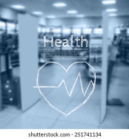 Vector illustration. Blurred background photo pharmacies. Sketch - Heart beat