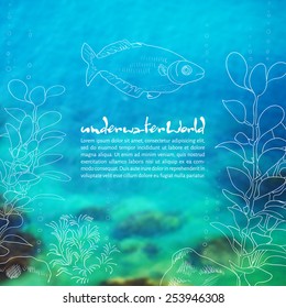 Vector illustration. Blurred background photo. Seabed with sketch - fish, algae and place for text