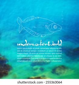 Vector illustration. Blurred background photo. Seabed with sketch - fish and place for text
