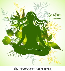 Vector illustration. Blurred  background with silhouette Girl in the lotus position, and herbs. Ecology and clean air