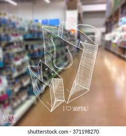 Vector illustration. blurred background store with a sketch. Shopping bags.