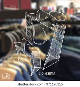 Vector illustration. blurred background store with a sketch. Shopping bags.  Clothing store.