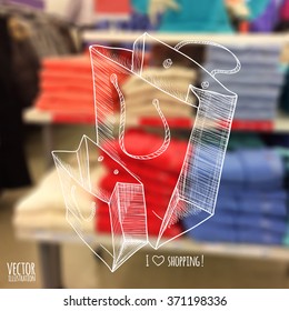 Vector illustration. blurred background store with a sketch. Shopping bags.  Clothing store.