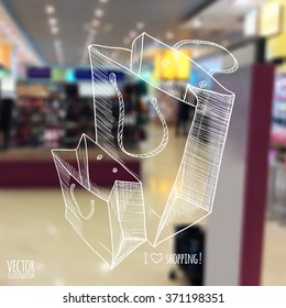 Vector illustration. blurred background store with a sketch. Shopping bags.