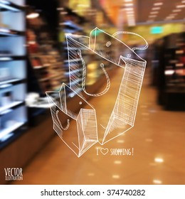 Vector illustration. blurred background store with a sketch. Shopping bags.