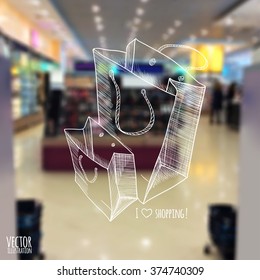 Vector illustration. blurred background store with a sketch. Shopping bags.