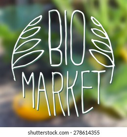 Vector illustration, blurred background with yellow zucchini growing on the farm with hand drawn logo of bio market in a circle