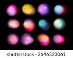 Vector illustration of blurred, glowing spheres in pink, yellow, blue, and purple on black, using a trendy vaporwave gradient style, popular in digital art for backgrounds and light effects.