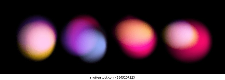 Ilustração vetorial de esferas desfocadas e brilhantes em rosa, amarelo, azul e roxo em preto, usando um estilo de gradiente na moda, popular em arte digital para fundos e efeitos de luz. 