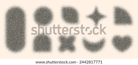 Vector illustration of blurred, gradient shapes with noise effect. Blurred aura elements of flower or heart, square, arch on isolated background.