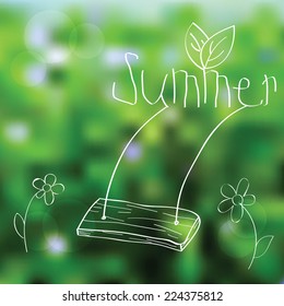 vector illustration - blurred grass and glow background and swing sketch