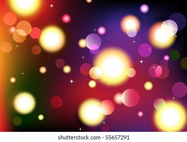 Vector illustration of blurred neon disco light dots pattern on dark background
