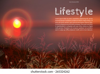 Vector illustration. Blurred photo background with sunlight and grass silhouettes in the foreground.