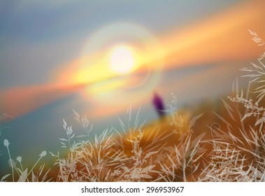 Vector illustration. Blurred photo background with sunlight and grass silhouettes in the foreground.