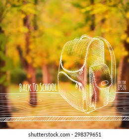 Vector illustration. Blurred photo background, autumn nature. Sketch - a wooden board with a school bag. Back to school.
