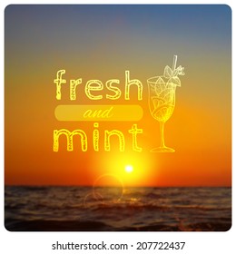 Vector illustration. Blurred photographic background and sketch cocktail with text
