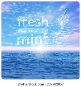 Vector illustration. Blurred photographic background and sketch cocktail with text