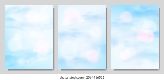 Vector illustration. Blurred soft clouds layer background. Light, airy backdrop design. Realistic cloudy sky with bokeh lights effect. Graphic elements for poster, book cover, magazine, layout