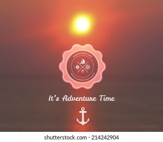 Vector illustration of blurred sunset landscape background with travel theme text 