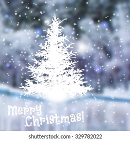 Vector illustration. Blurred winter photos. Christmas tree and snow.