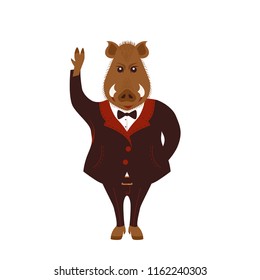 Vector illustration of a boar in brown suit gretting with a raised hand isolated on the white background.