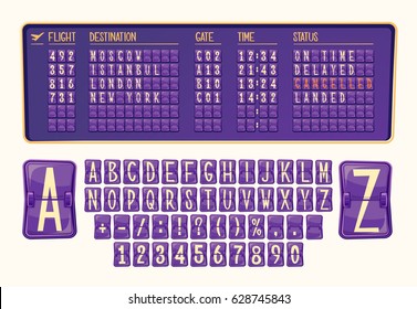 Vector illustration board of arrival and departure at the airport with various numbers and letters in cartoon style. Set of numbers and letters of the alphabet