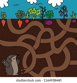 Vector illustration of board game for children. A maze with start and end. A cute mole digging out of the dirt. Cartoon character
