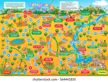 Vector illustration of board game for children. Adventures of Mary. Travel in the jungleÃ?Â together with Mary and make new friends.