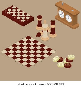 Vector illustration of Board games. Chess and checkers. Clock for chess games