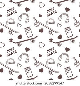 Vector Illustration of Board and Headphones. Skateboarding Seamless Pattern with Cartoon Skateboard with Phone. Line Art Style Skate on White Color Background for T-shirt and Paper Print