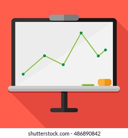 Vector illustration board with marker and eraser standing in office with analytics graphic,