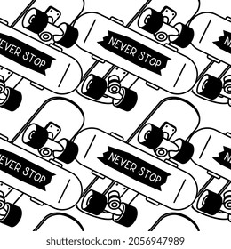 Vector Illustration of Board and Quote Never Stop. Skateboarding Seamless Pattern with Cartoon Skateboard. Black Line Art Style Skate on White Color Background for T-shirt and Paper Print