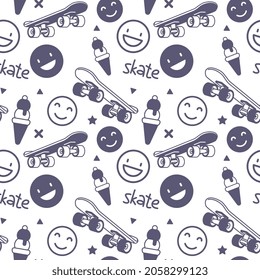 Vector Illustration of Board, Smile and Word. Skateboarding Seamless Pattern with Cartoon Skateboard and Ice Cream. Line Art Style Skate on White Color Background for T-shirt and Paper Print
