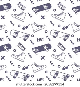 Vector Illustration of Board, Sneakers and Word. Skateboarding Seamless Pattern with Cartoon Skateboard. Line Art Style Skate on White Color Background for T-shirt and Paper Print