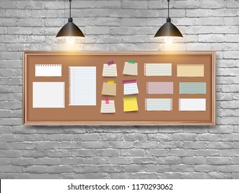 Vector illustration board with wood frame, different note papers, stick note and pins, And retro white brick wall background. Loft workspace concept