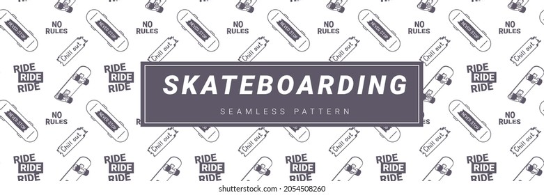 Vector Illustration of Board with Word and frame. Skateboarding Seamless Pattern with Cartoon Skate Board. Line Art Style Skate on White Background for T-shirt and Paper Print