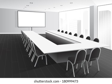 Vector illustration of boardroom with table and chairs, white screen and window with city view