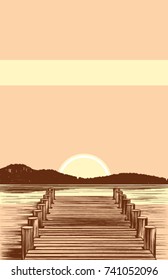 A vector illustration of a boardwalk style boat dock on a peaceful lake. The classic pen and ink  style is beautifully highlighted by  muted shades of yellow, tan, and a reddish  brown. 11x17 ratio. 