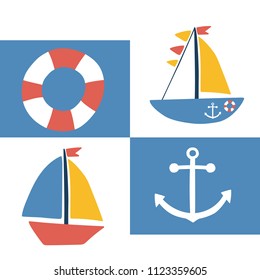 Vector illustration of boat, anchor and life ring. Sea travel theme element, vacation, summer holidays image. Cartoon flat style vector illustration. Yacht sailboat, marine cruise travel vector icon