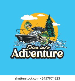 Vector Illustration of Boat with Bass Fish and Water Splash with Nature view with Vintage Illustration Available for Tshirt Design