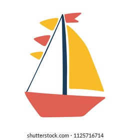 Vector illustration of boat. Color sailboat isolated on white background. Yacht sailboat or sailing ship, marine cruise travel vector icon. Summer vacation and sea travel logo. Flat design. EPS 10.