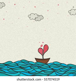 Vector illustration of a Boat with creative Heart in the sea for Happy Valentine's Day Celebration.