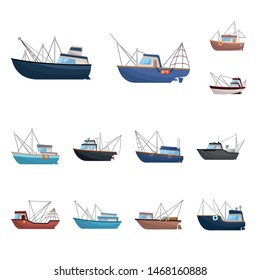 Vector illustration of boat and fishing sign. Set of boat and vessel stock vector illustration.