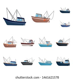 Vector illustration of boat and fishing symbol. Set of boat and vessel stock symbol for web.