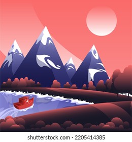 Vector illustration with a boat floating to the shore against the backdrop of snowy mountains.