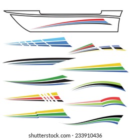 Vector  Illustration with Boat Graphics on White Background. Sea Ship Design. Striped Lines Ornament. Yacht Decorative Decals