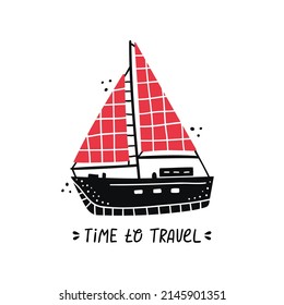 Vector illustration of a boat with hand drawn lettering - time to travel